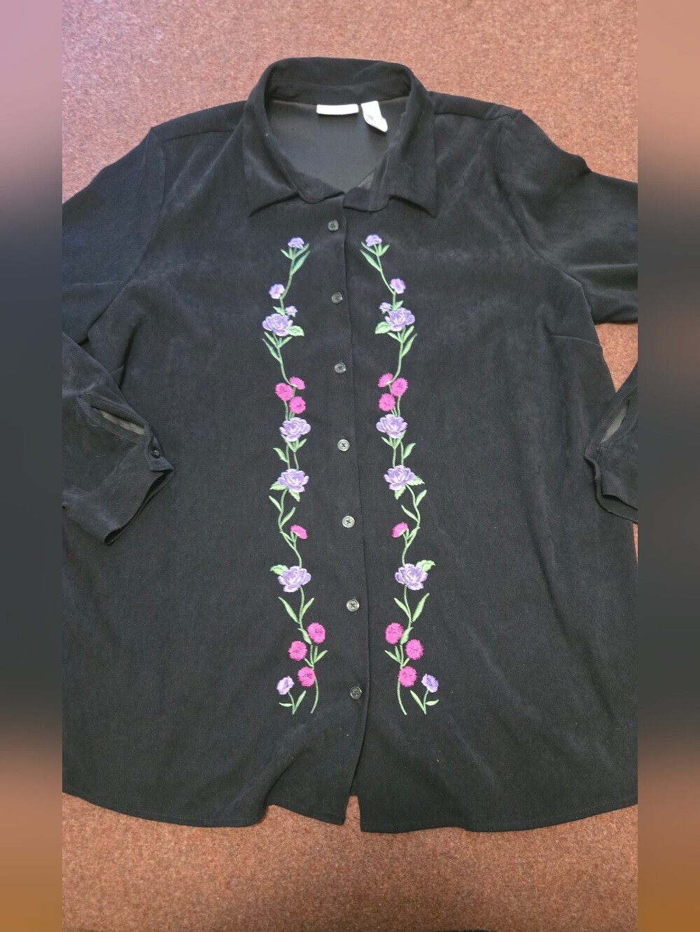 Vintage Cascade Blues Shacket Velvet Feel Embroidery Flowers 1X Button Up